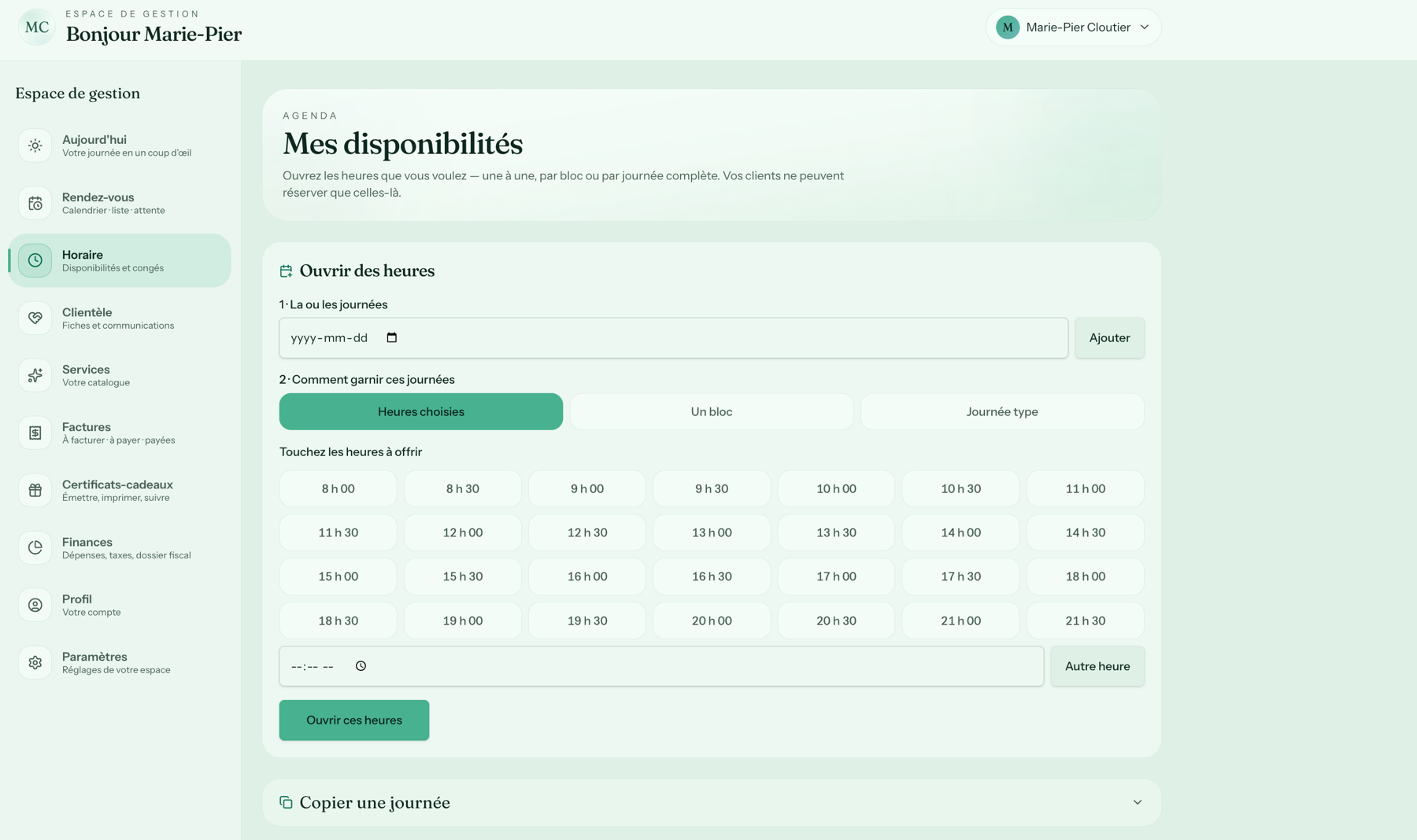 Gestion des disponibilités Créno-QC en format ordinateur