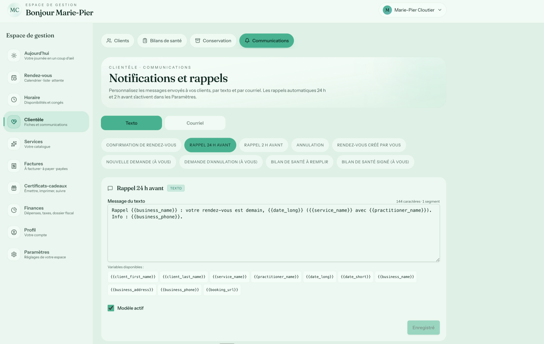 Personnalisation des notifications Créno-QC en format ordinateur