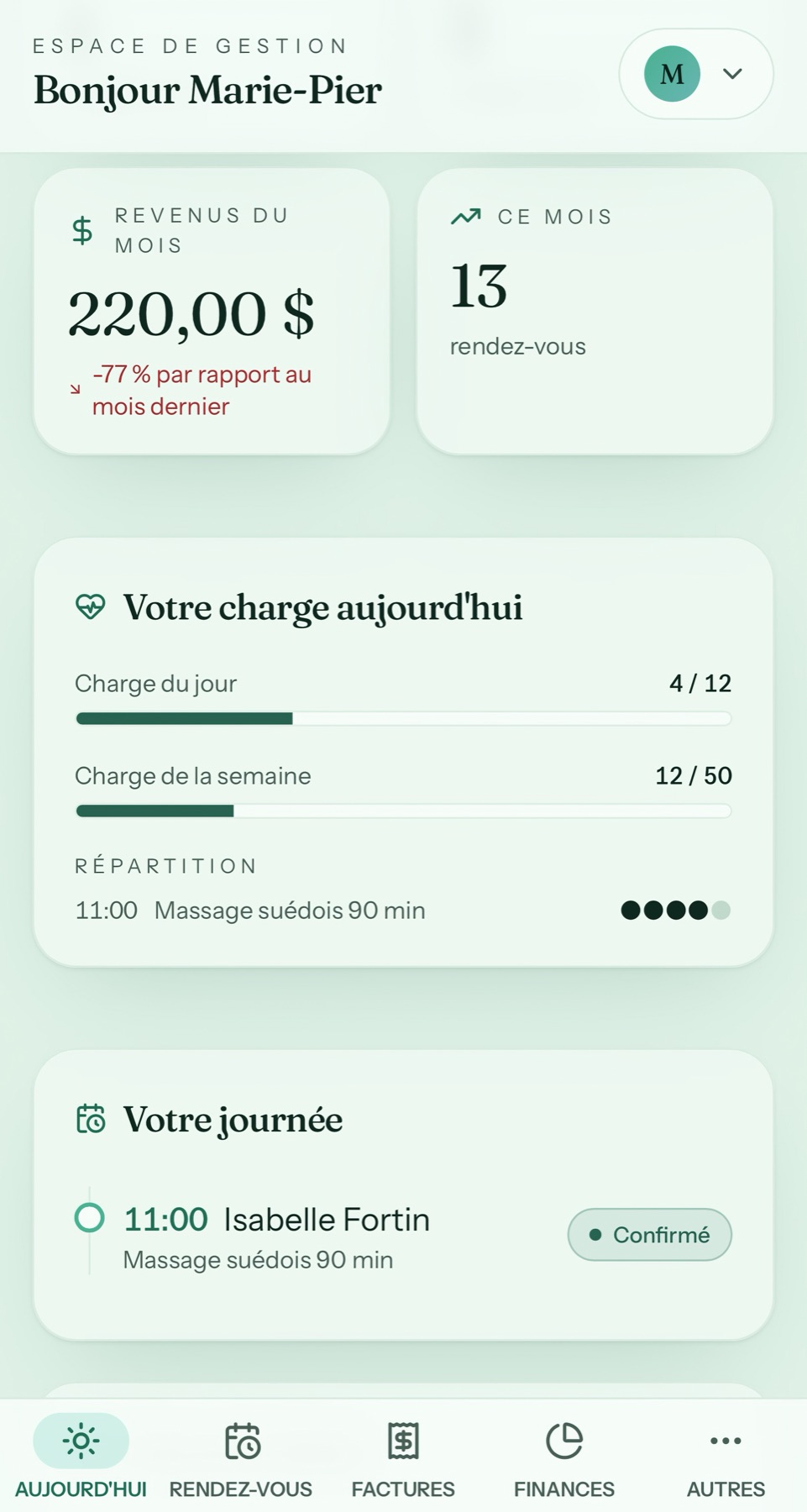 Tableau de bord dans Créno-QC sur mobile